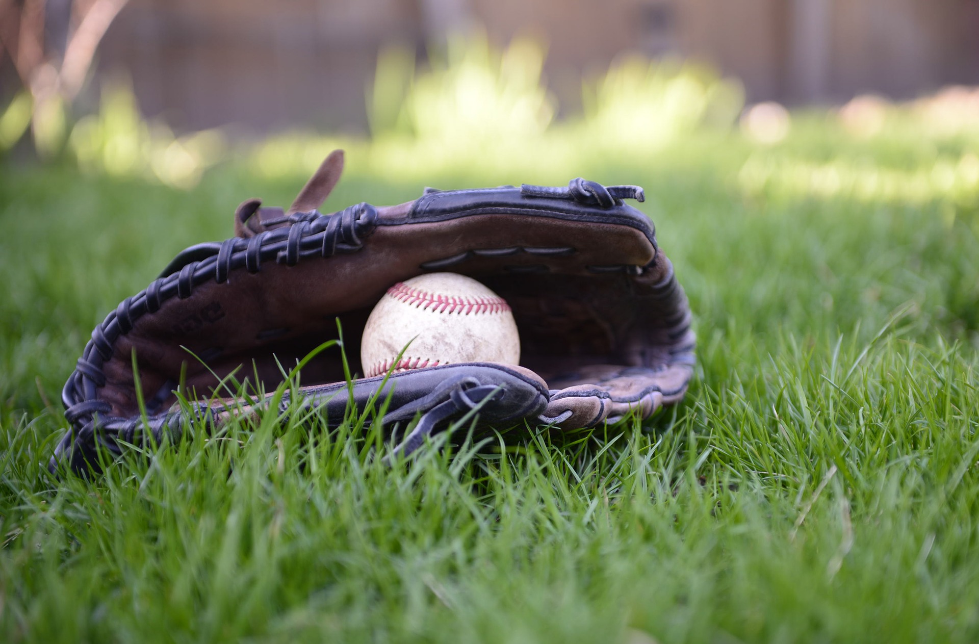 Gant et balle de baseball dans l'herbe