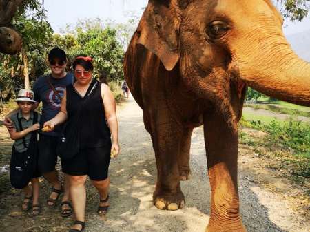 Family walking with an elephant